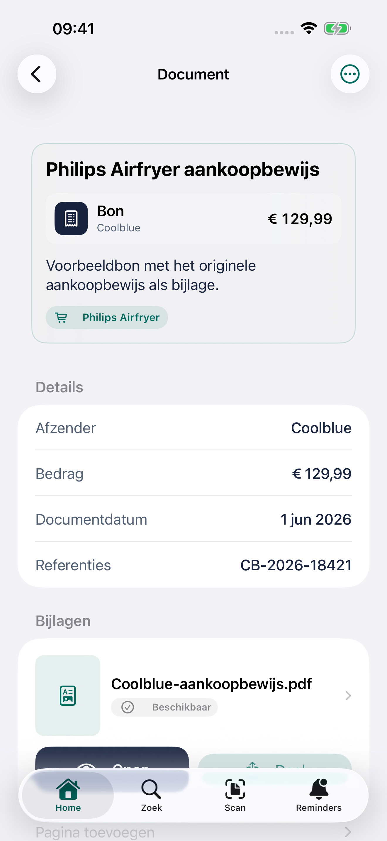 Een opgeslagen document met de oorspronkelijke pagina’s, documentgegevens en opties om te delen.