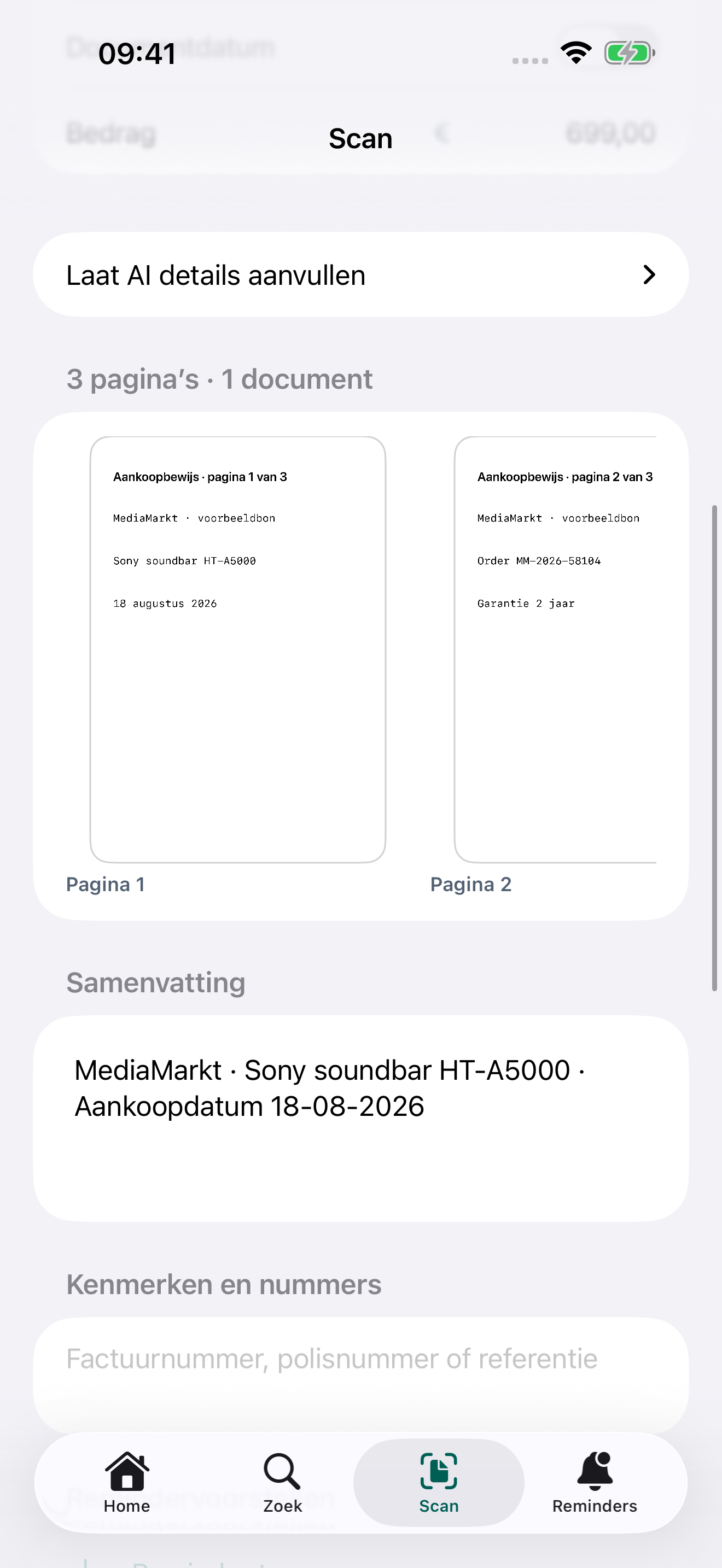 Drie gescande pagina’s staan samen klaar om als één document te bewaren.