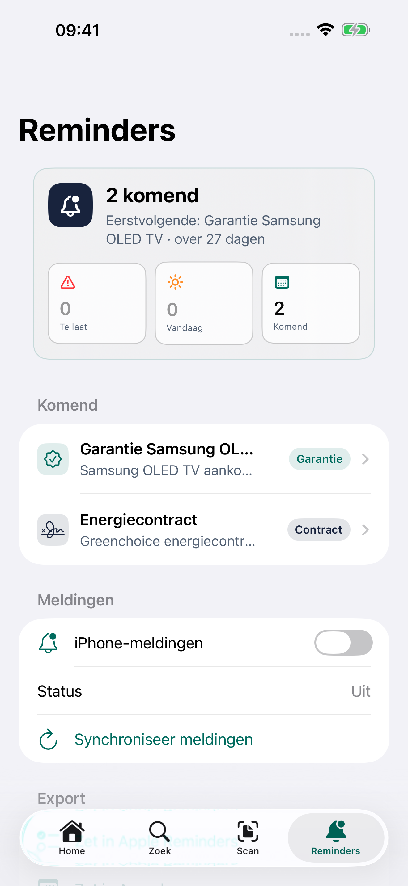 Het overzicht van herinneringen in de Buroo iPhone-app.
